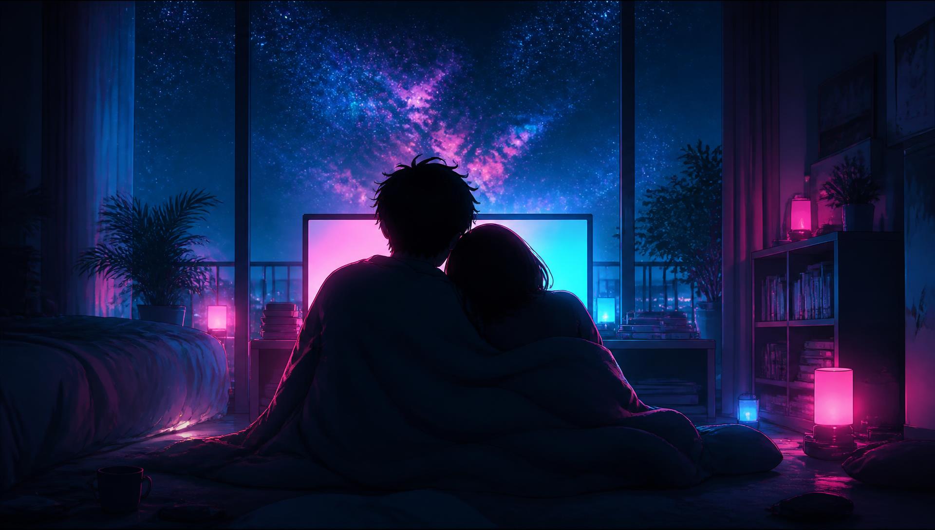 Ilustração de um casal abraçado assistindo a uma tela sob um céu estrelado